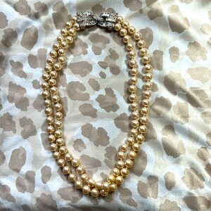 Vintage CAROLEE double strand knotted pearls with faux diamond clasp necklace